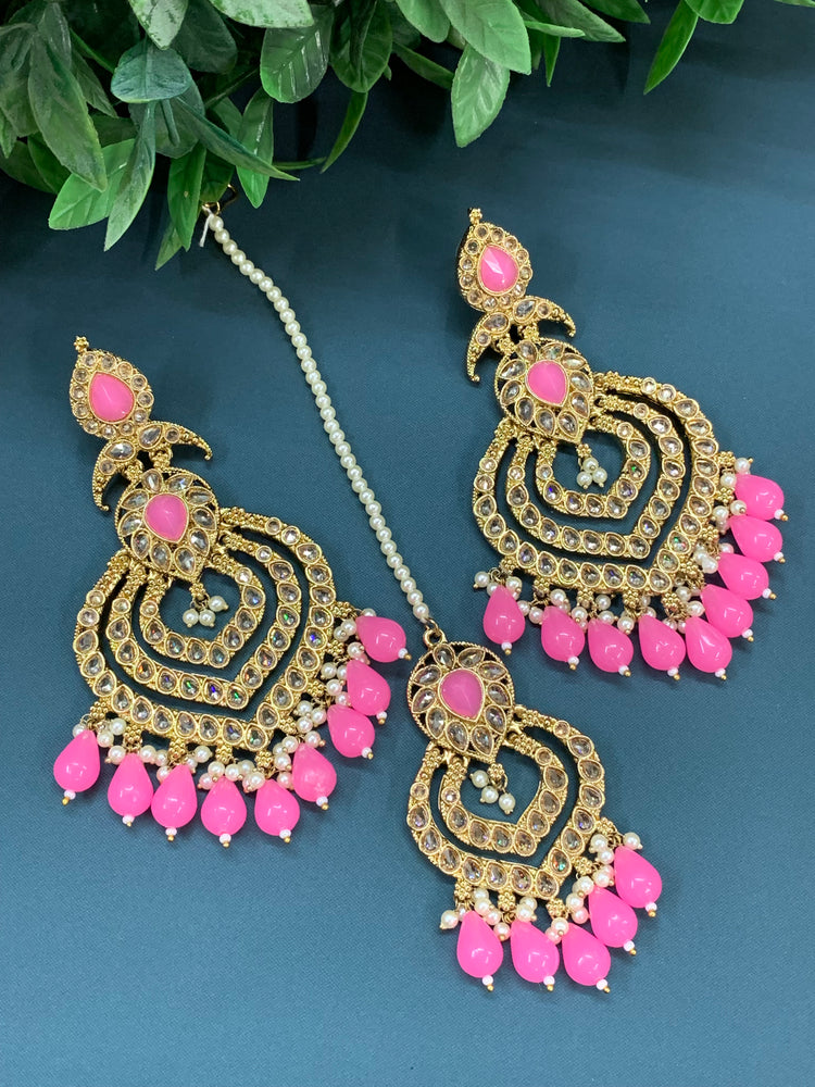 Tara polki Chandbali earring with matching tikka pink