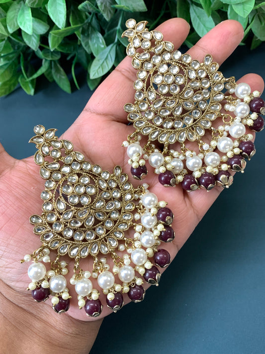 Puspa kundan fashion chandbali style earring set chocolate brown