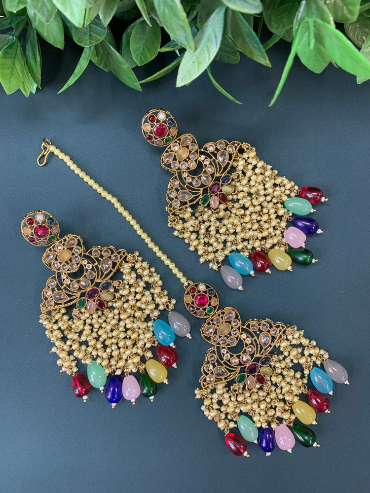 Cara statement polki earring tikka set pearl details and multi