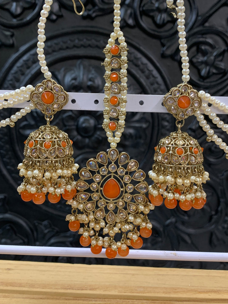 Shana triple layer bahubali sahare jhumki ear chain and matching tikka antique gold /orange/fanta orange