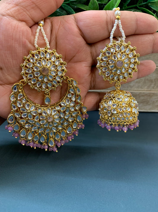 Zia traditional kundan jhumki with sahare and matching oversized tikka gold/lavender Lilac