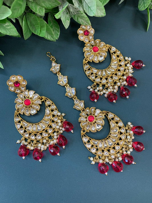 Manjot kundan earring tikka set cherry red/ hot pink / magenta