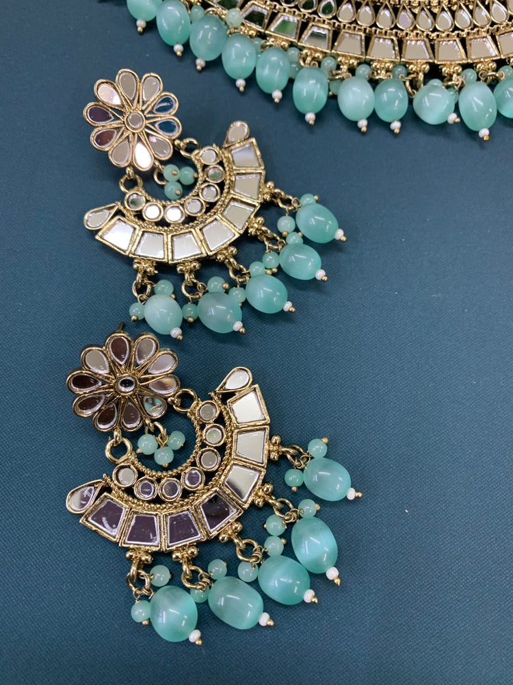 Shreya mirror necklace set with matching Chandbali antique mint