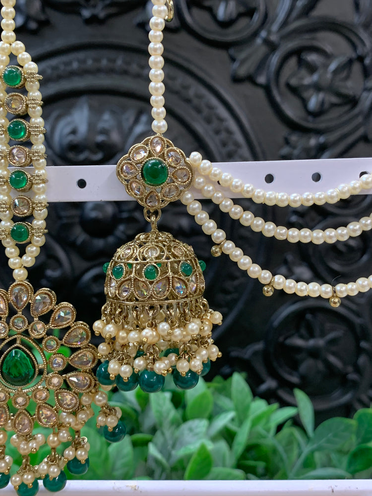 Shana triple layer bahubali sahare jhumki ear chain and matching tikka antique gold /emerald green