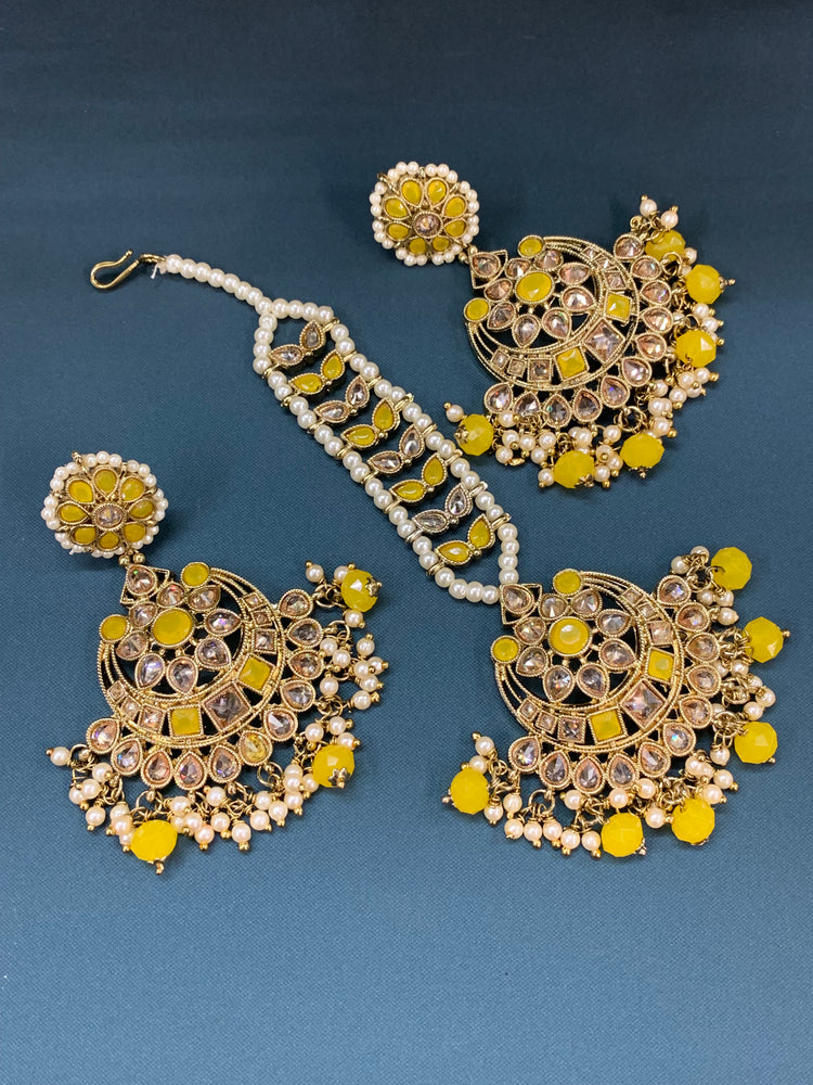 Aarti tikka set polki earring tikka pastel yellow