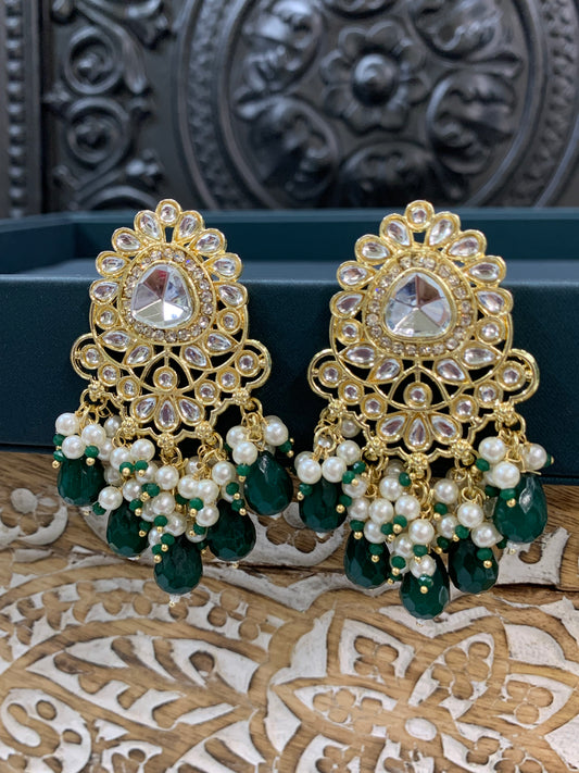 Joel gold kundan stud earring with white pearl and emerald green crystal