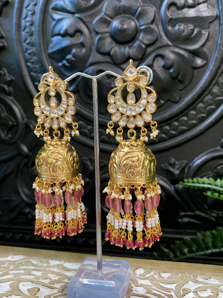 Bella moissanite kundan jhumki earring cherry red