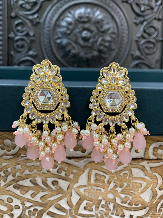 Jill gold kundan stud earring with crystal drops blush pink