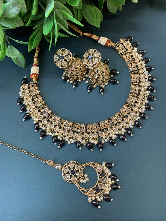 Allan polki necklace with jhumki tikka black