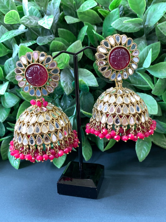 Romi mirror kundan jhumki/ jhumka earring cherry red