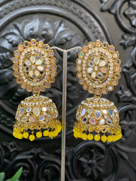 Kate mirror jhumki tikka antique gold and pastel yellow