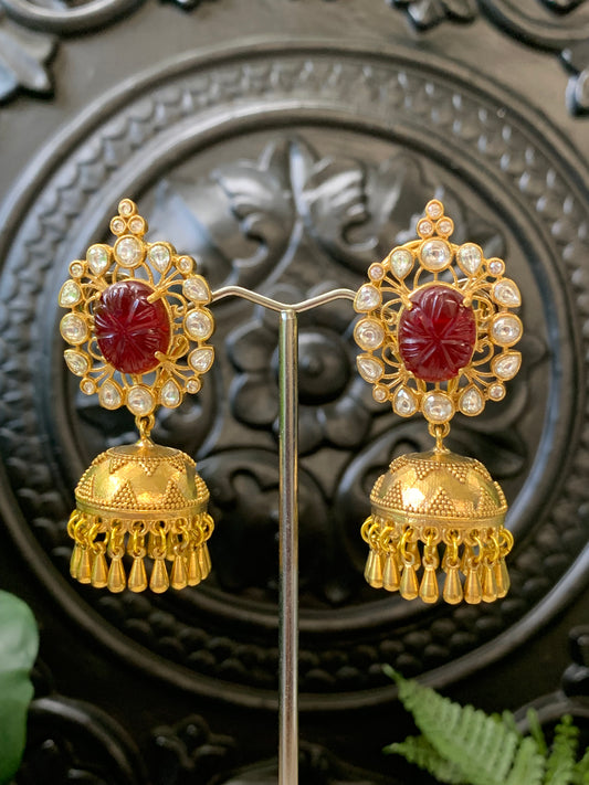 Lolita moissanite kundan jhumki earring red burgundy maroon