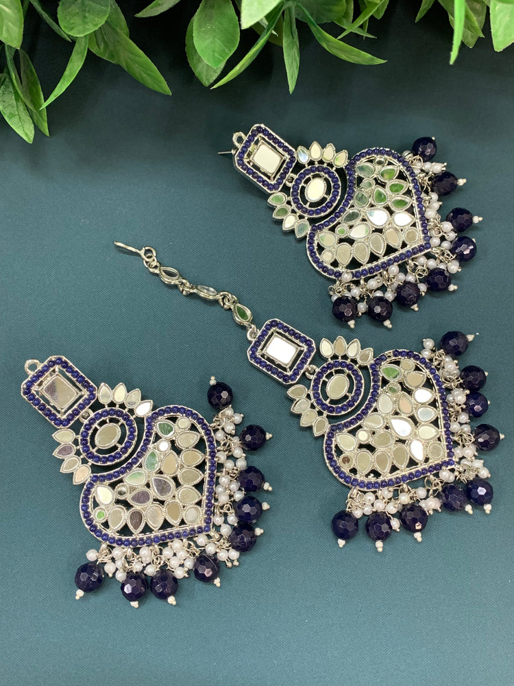 Amrita chandbali mirror earring tikka set navy blue