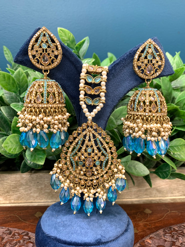 Savana Jhumka/ jhumki tikka set in antique / sky blue