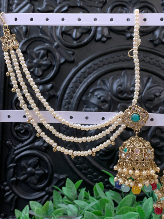 Shana triple layer bahubali sahare jhumki ear chain and matching tikka antique gold / multi