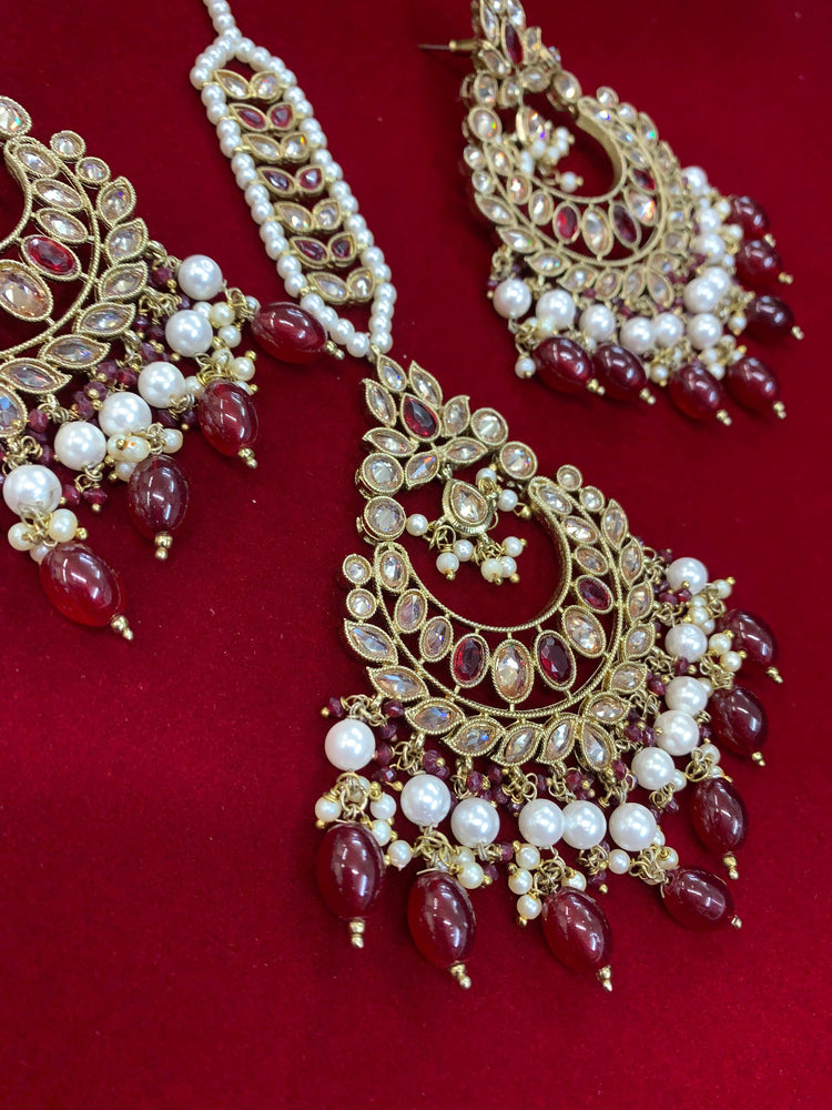 Ramsey reverse polki chandbali earring Tikka maroon red burgundy