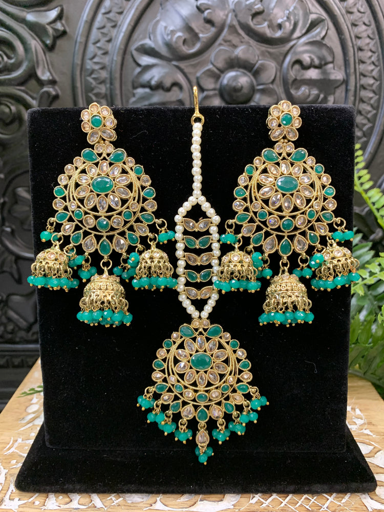 Kiana polki triple jhumki Chandbali style earring with matching tikka emerald green