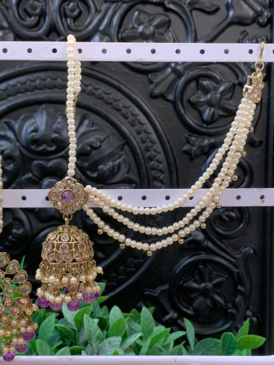 Shana triple layer bahubali sahare jhumki ear chain and matching tikka antique gold /lavender/ lilac