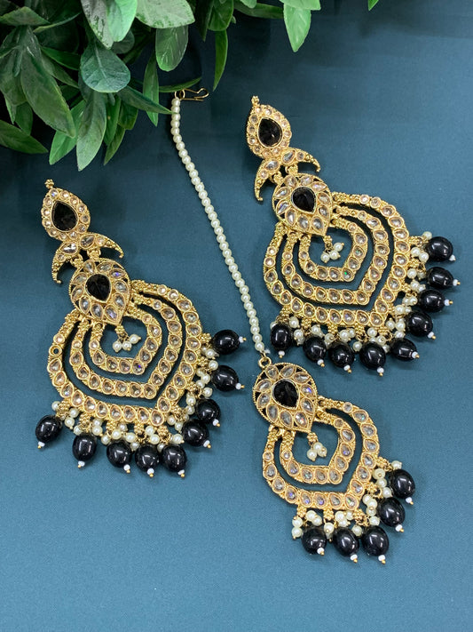 Tara polki Chandbali earring with matching tikka emerald green