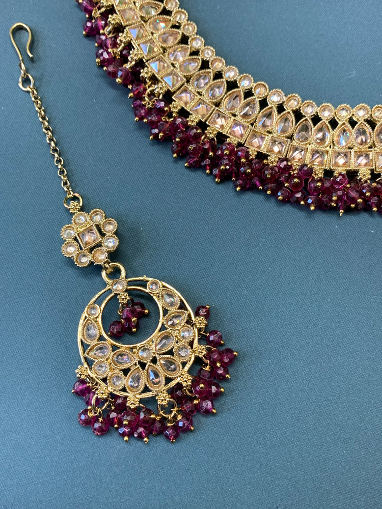 Rashmeet polki necklace with matching earring tikka antique gold wine red