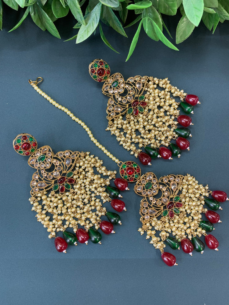 Cara statement polki earring tikka set pearl details and red green multi