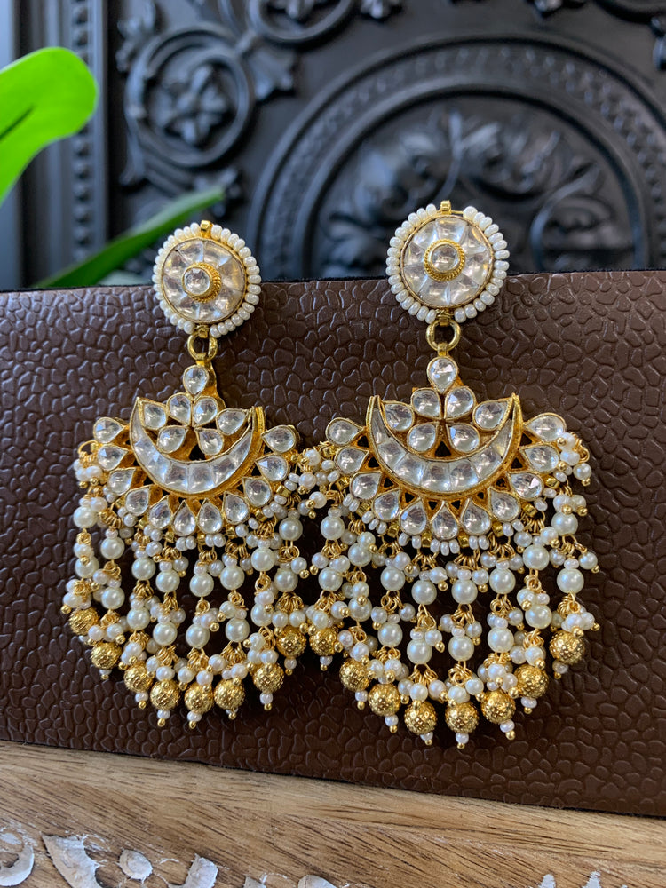 Leslie pachi Kundan chandbali earring small to medium size gold and pearl