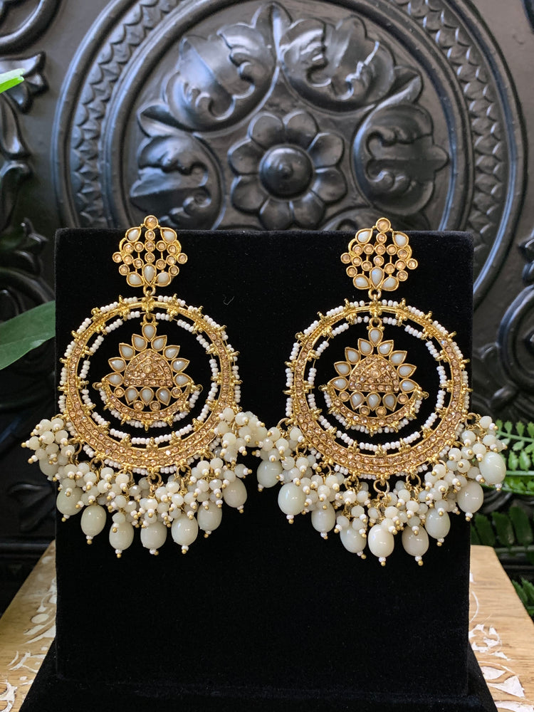 Laila Chandbali fashion statement earring gold base, ash grey drops