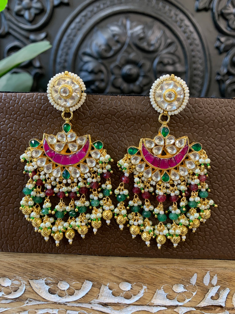 Leslie pachi Kundan chandbali earring small to medium size red and green multi