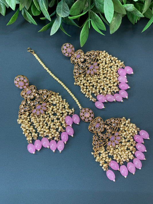 Cara statement polki earring tikka set pearl details and lavender