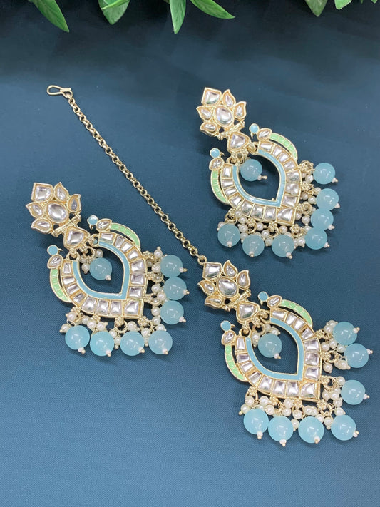 Amber kundan light weight earring tikka set baby blue