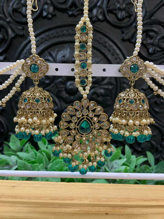 Shana triple layer bahubali sahare jhumki ear chain and matching tikka antique gold /peacock green