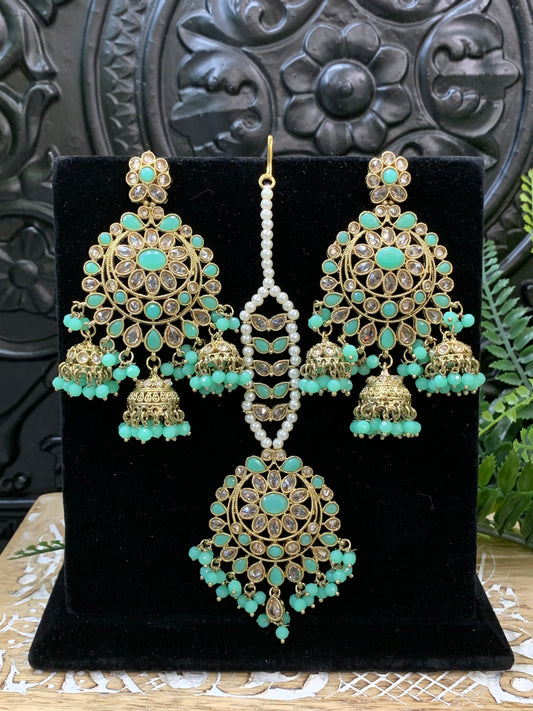 Kiana polki triple jhumki Chandbali style earring with matching tikka tea green