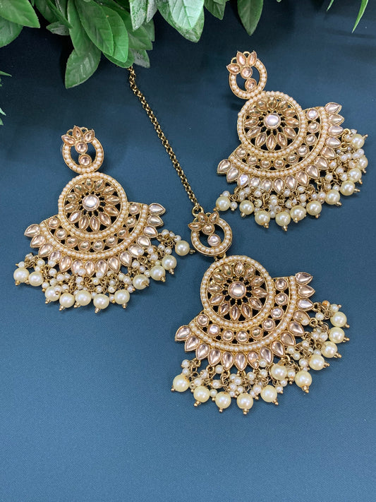 Madison chadbali earring tikka set gold/ pearl/white