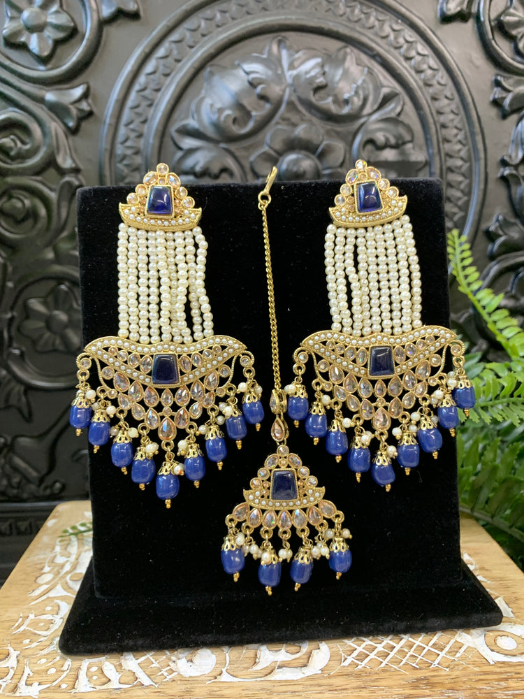 Toma polki earring jhumar style with matching tikka navy blue