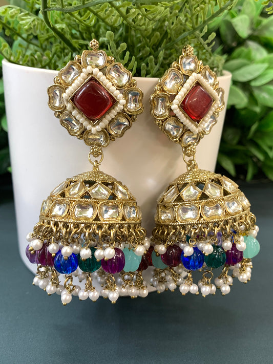 Gauri kundan jhumki/ jhumka earring red / multi