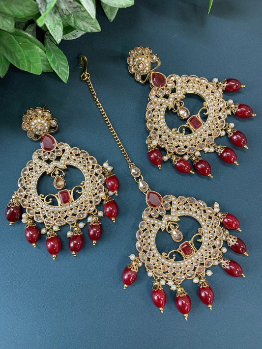 Nardali tikka set polki earring tikka set maroon / burgundy