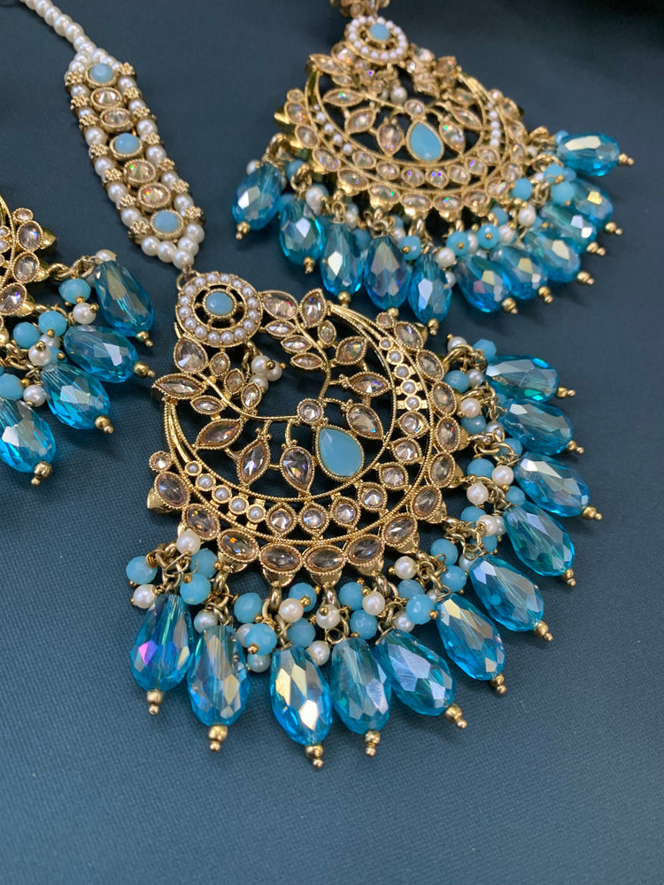 Bulbul polki statement earring tikka set antique gold/ crystal light blue