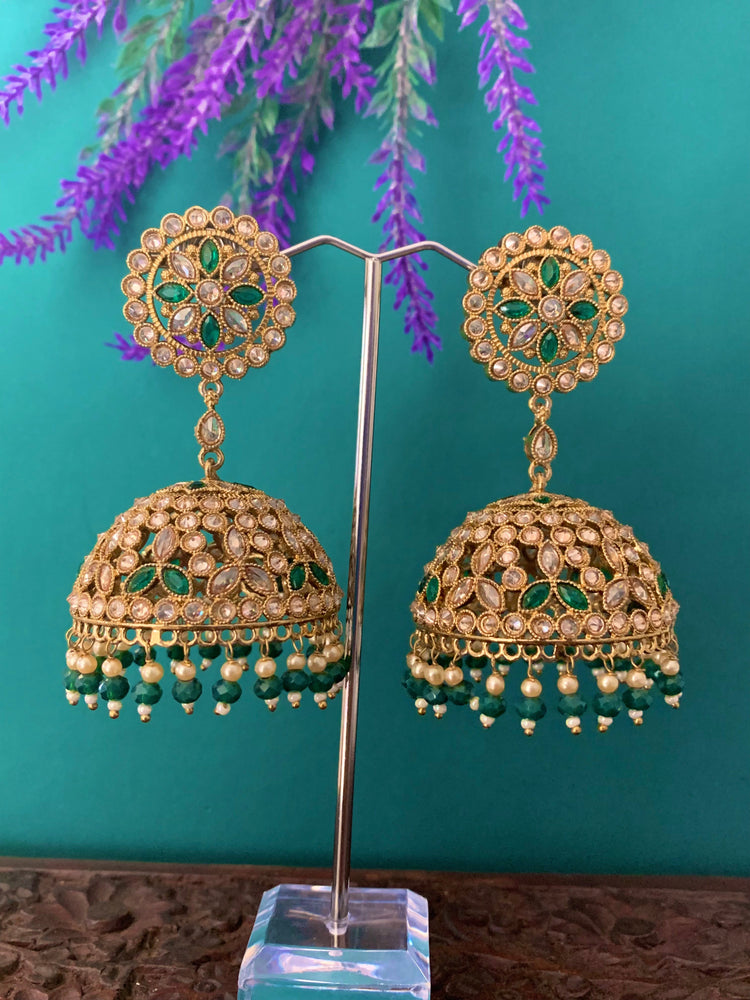 Rashi polki statement jhumki earring antique polki/ white pearl / emerald green