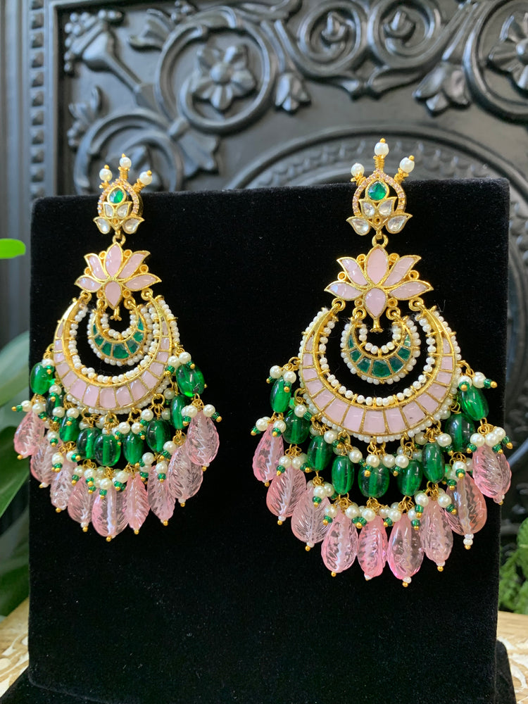 Shanti Pachi kundan earring in pastel pink and emerald green