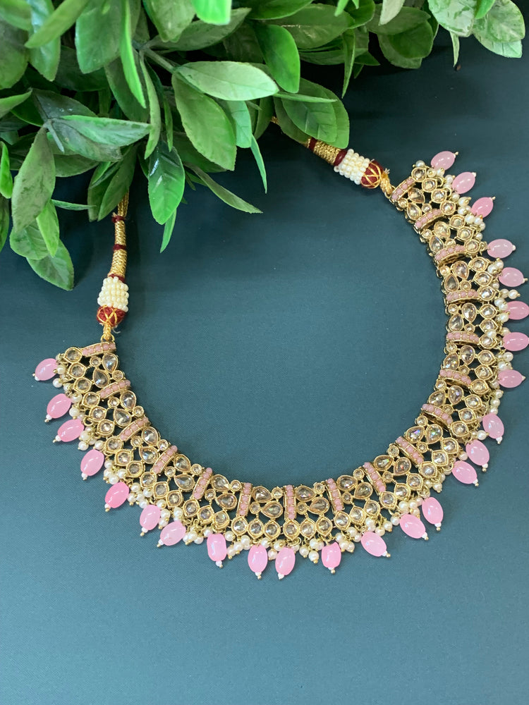 Allan polki necklace with jhumki tikka blush pink