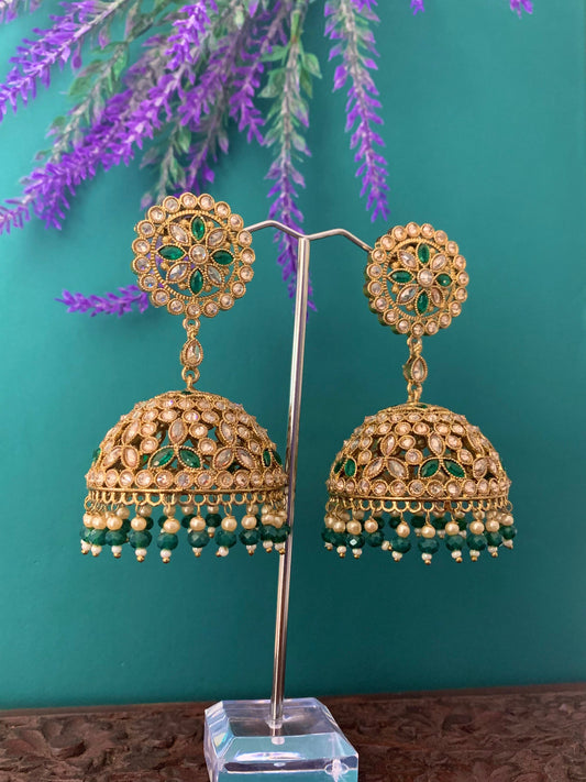 Rashi polki statement jhumki earring antique polki/ white pearl / emerald green