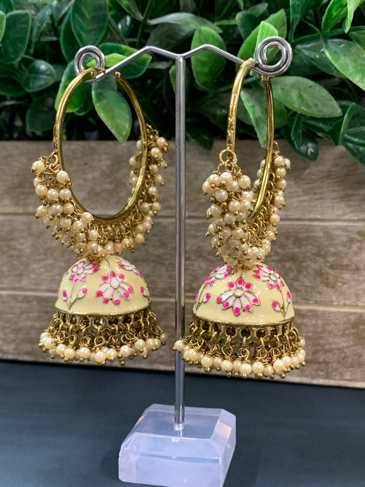 Blossom hoop Bali jhumki with pearl eggshell white