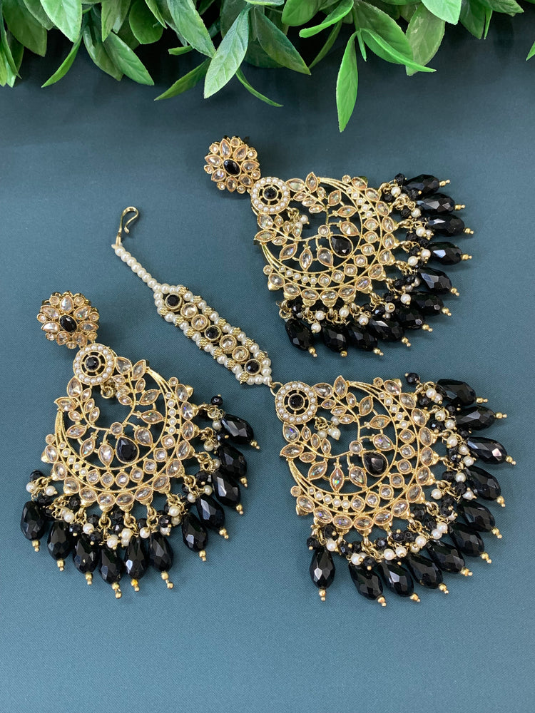 Bulbul polki statement earring tikka set antique gold/ crystal black