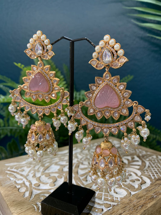 Crystal Kundan chandbali earring in pale pink