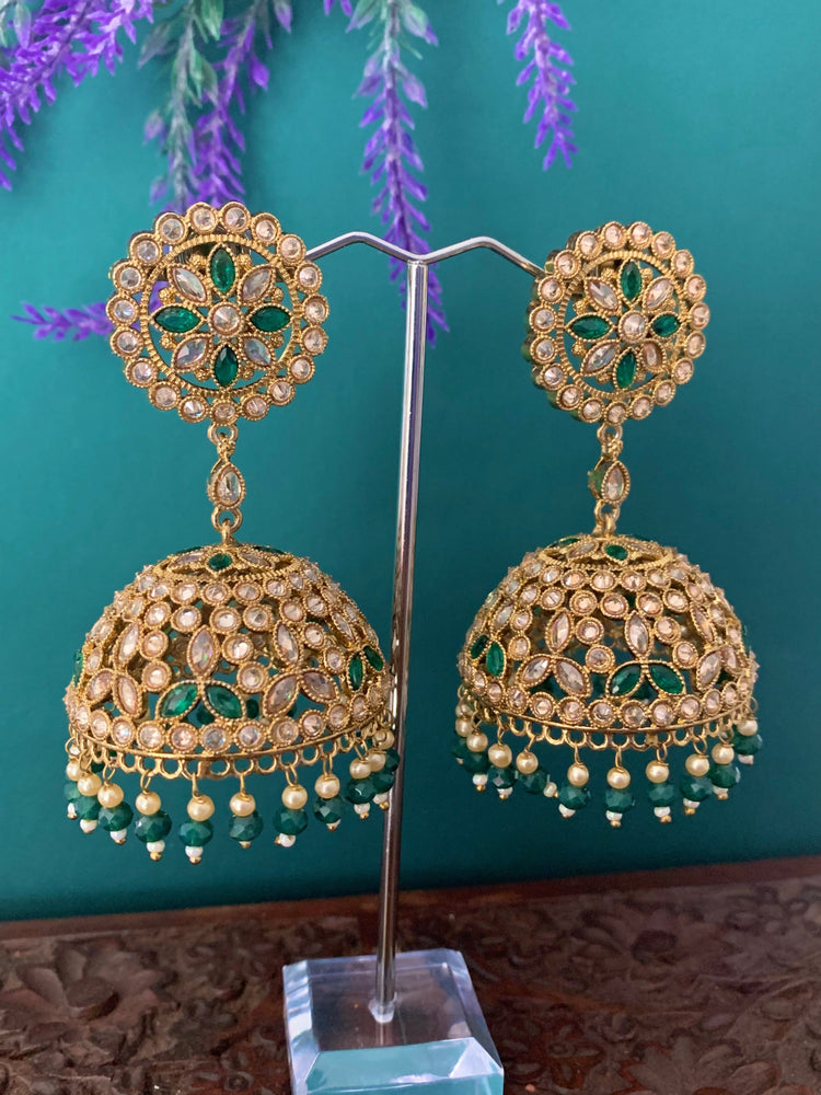 Rashi polki statement jhumki earring antique polki/ white pearl / emerald green