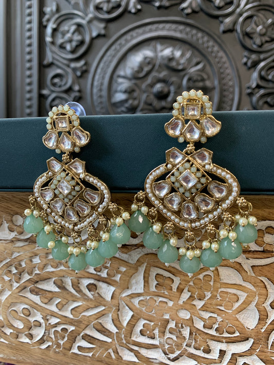 Dipti small to medium kundan earring gold pistachio mint green