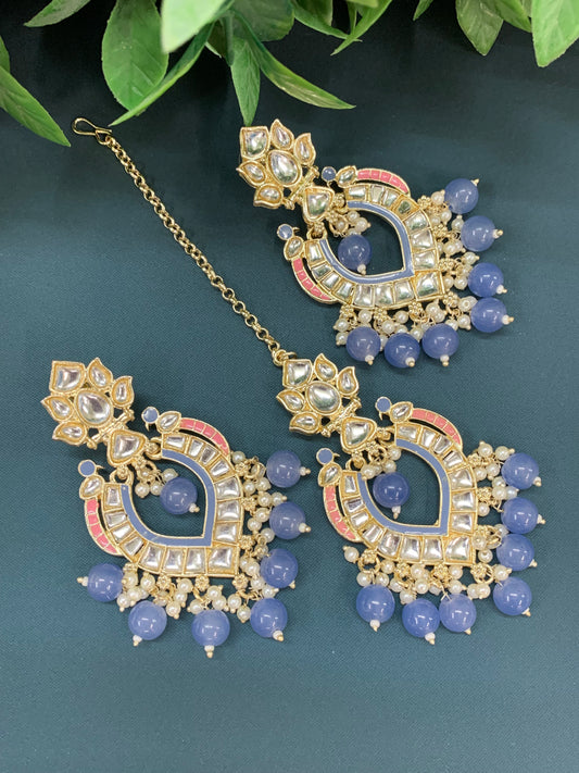 Amber kundan light weight earring tikka set blueish grey