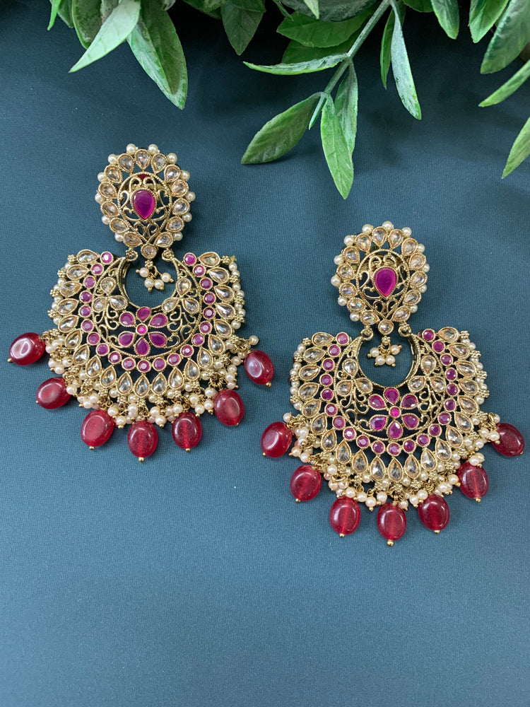 Haya polki Chandbali earring antique polki/ burgundy red maroon