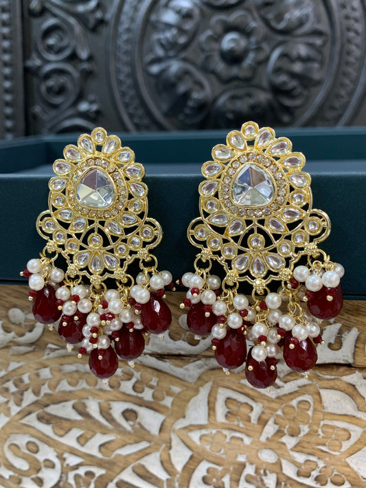 Joel gold kundan stud earring with white pearl and red maroon burgundy crystal