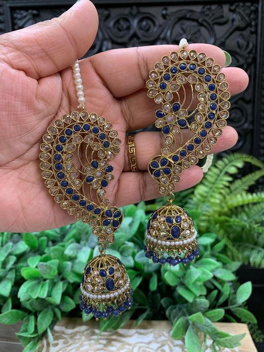 Jacklyn over the ear earring tikka jhumki sahare set blue